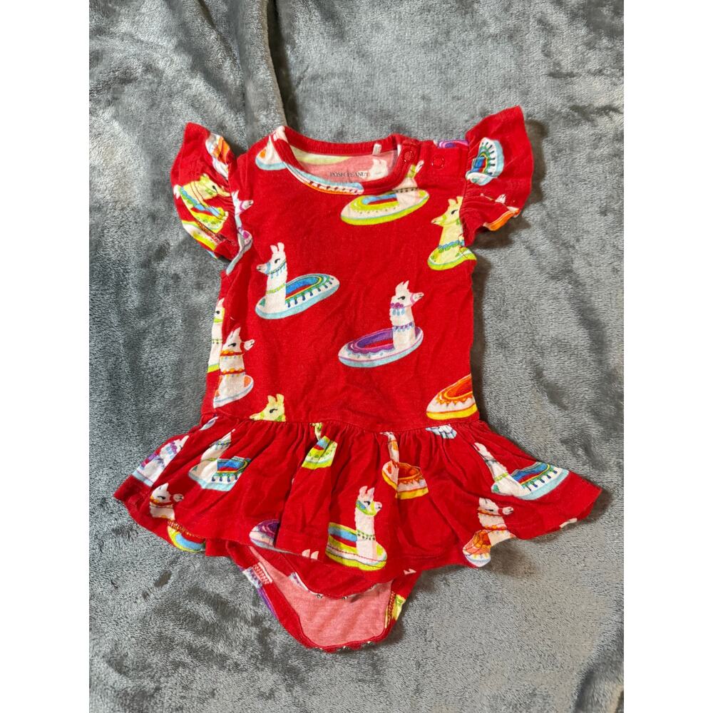 Posh Peanut Baby Girl Bodysuit Short Sleeve Red Pool Llama Size 0-3M Ruffle